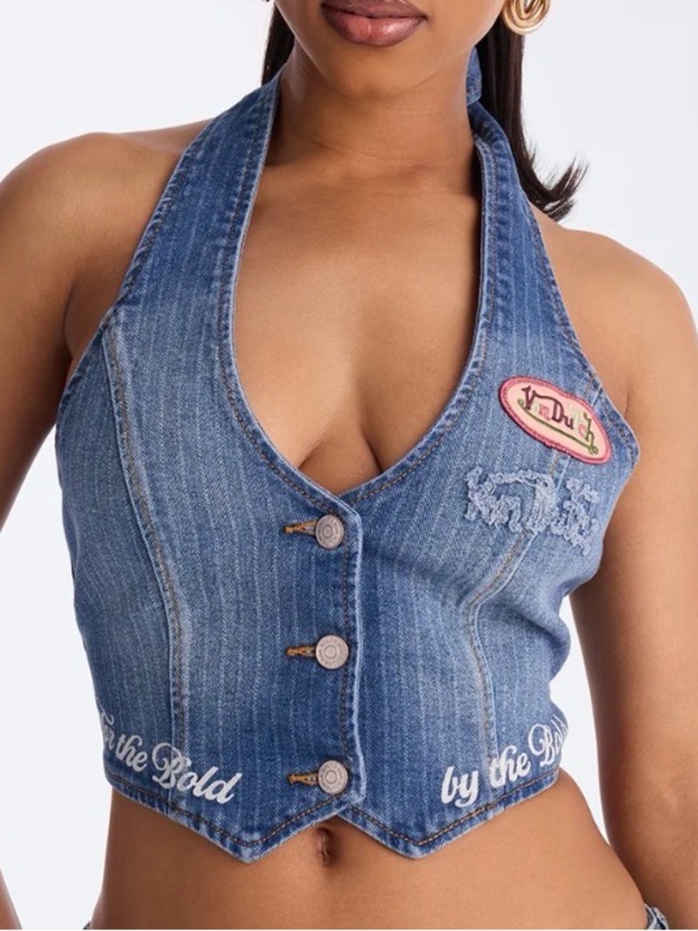 Von Dutch Blue Denim Halter Crop Vest